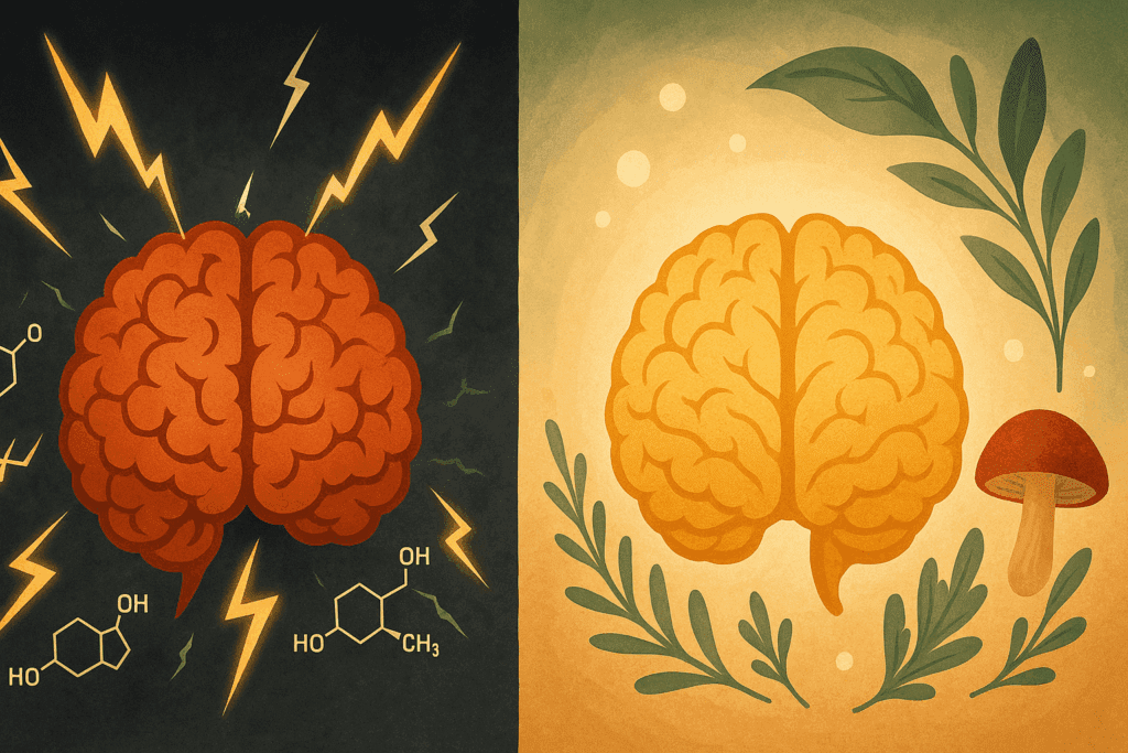 Split-brain illustration showing the human stress response—left side with lightning bolts and cortisol molecules, right side with calming herbs and mushrooms symbolizing balance and lots of energy.