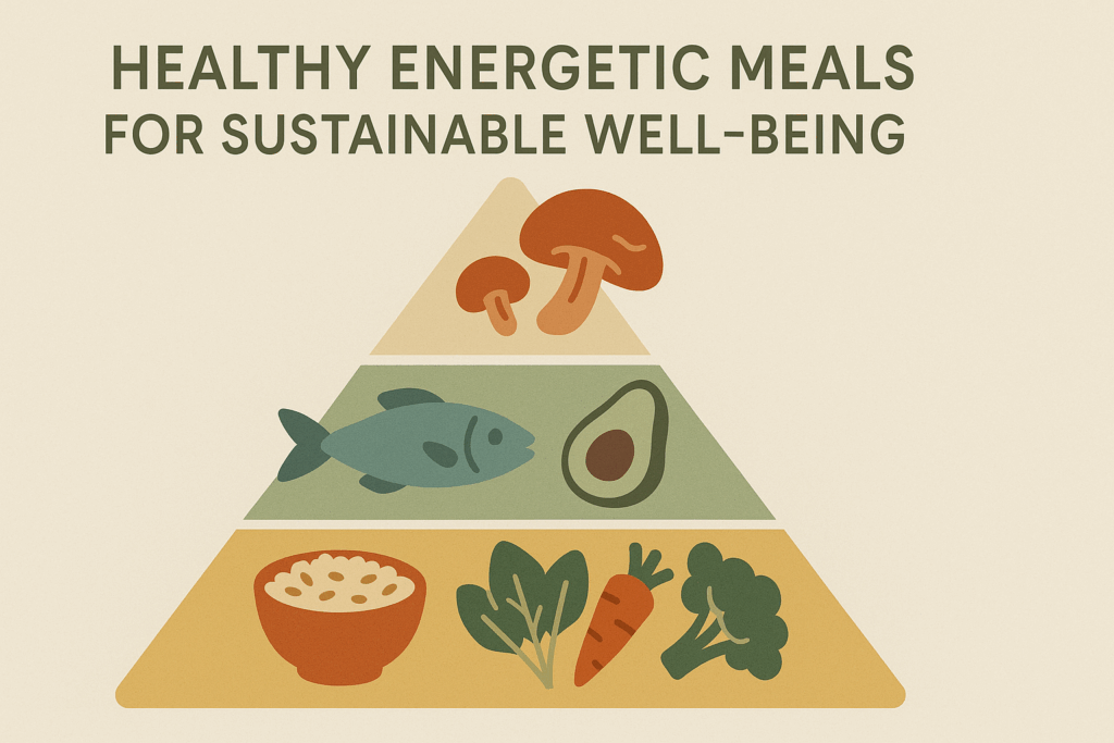 Infographic-style food pyramid illustrating balanced energy meals with icons of grains, vegetables, proteins, healthy fats, and mushrooms