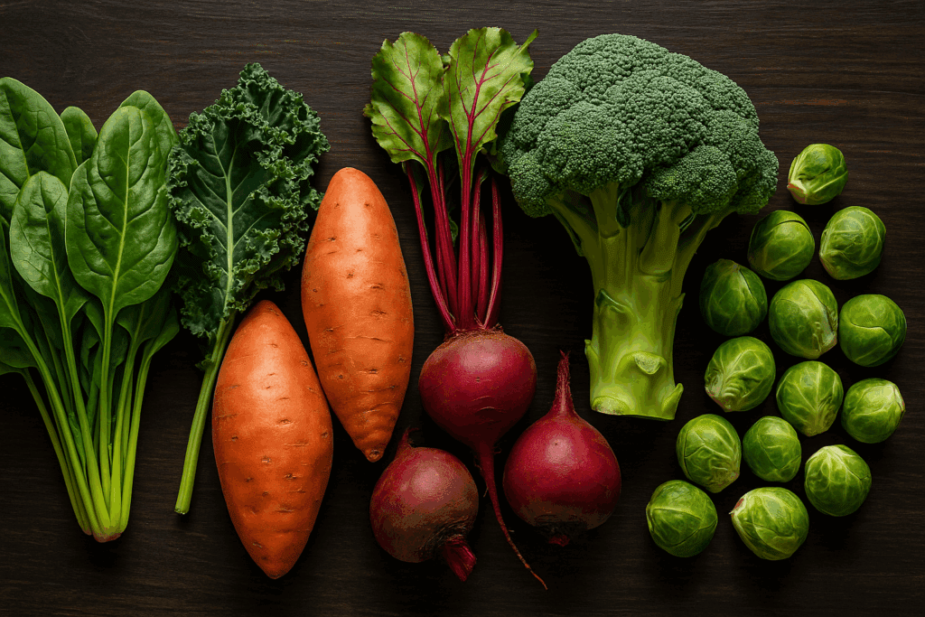 Fresh spinach, kale, sweet potatoes, beets, broccoli, and Brussels sprouts arranged on dark wood, showcasing top vegetables in energy meals