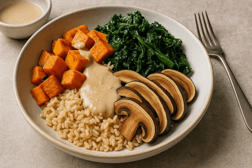 Gourmet grain bowl with brown rice, roasted sweet potatoes, sautéed greens, and reishi mushrooms drizzled with miso dressing—an example of nutritious energy meals.