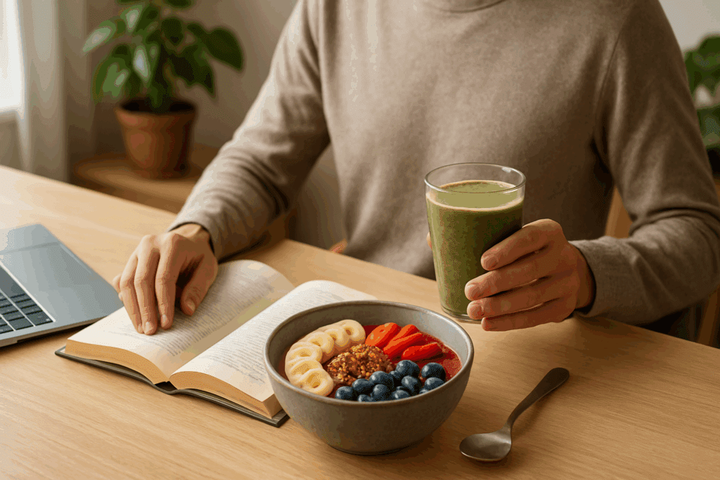 Tidy workspace with natural light where a person enjoys energy meals, including a green smoothie and vibrant smoothie bowl, while reading.