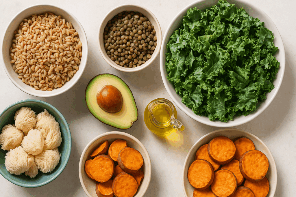 Colorful ingredients for energy meals including farro, lentils, kale, avocado, sweet potatoes, olive oil, and lion’s mane mushrooms arranged in bowls on a light kitchen counter.
