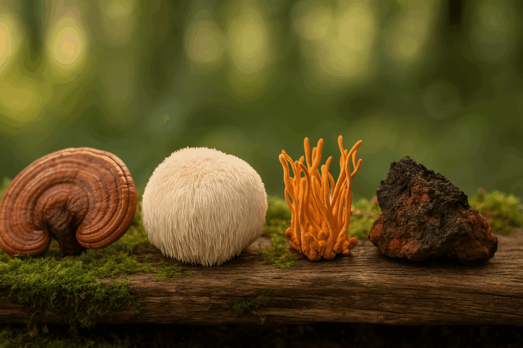 Rustic display of reishi, lion’s mane, cordyceps, and chaga mushrooms on mossy wood, ingredients often used in energy meals for natural stress relief.