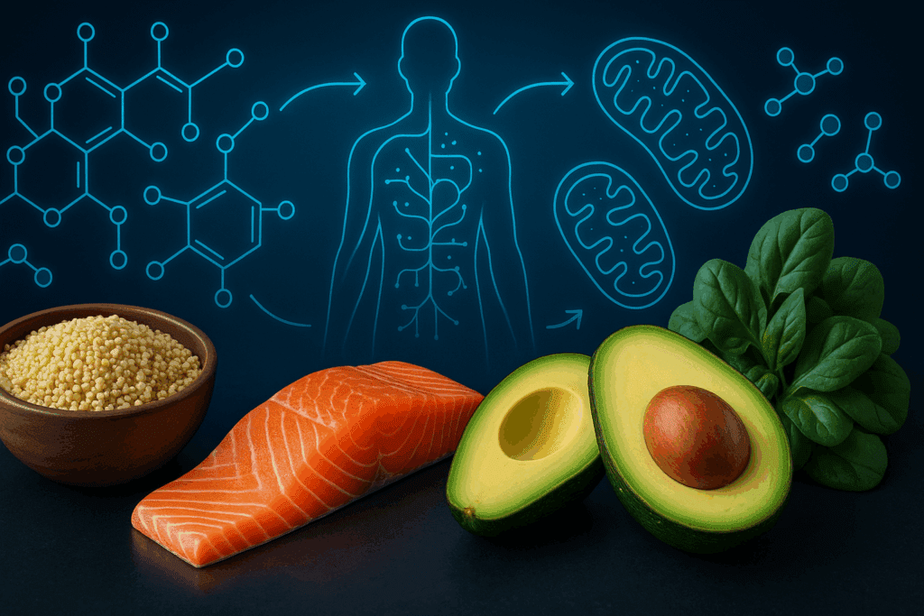 Quinoa, salmon, avocado, and spinach displayed with digital overlays of mitochondria and metabolic pathways illustrating how energy meals fuel cellular processes