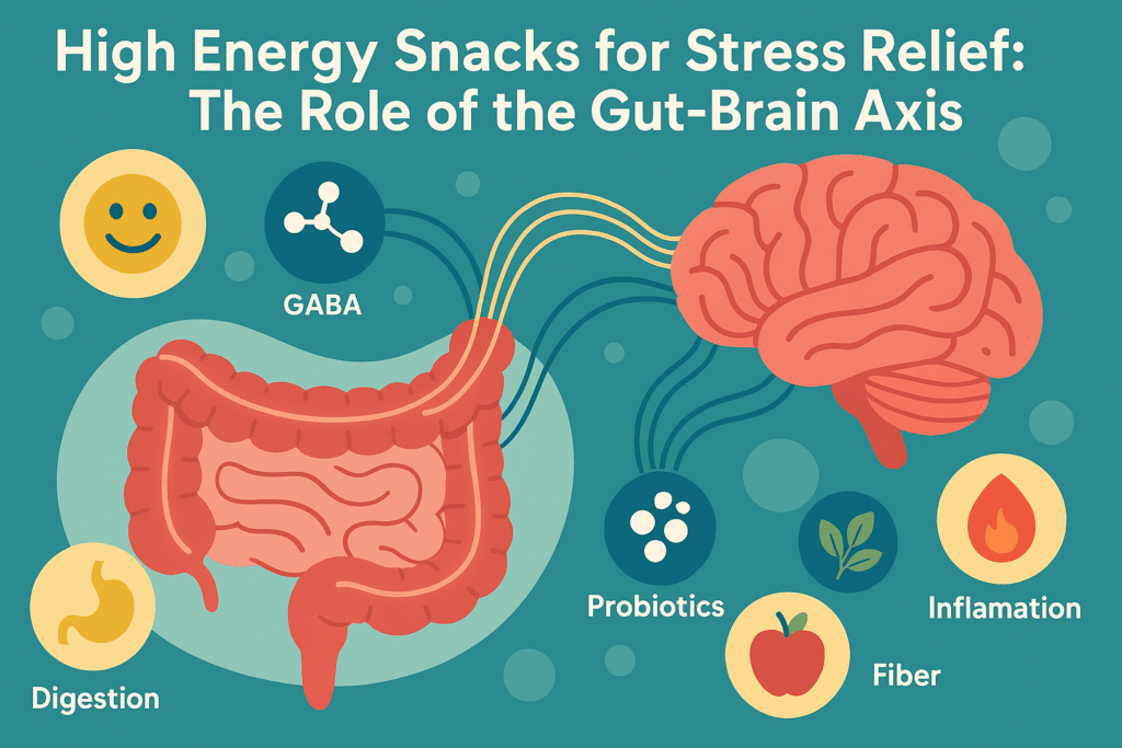 Diagram showing gut-brain axis with serotonin, GABA, and functional nutrients like fiber and probiotics, highlighting how high energy snacks support stress relief.