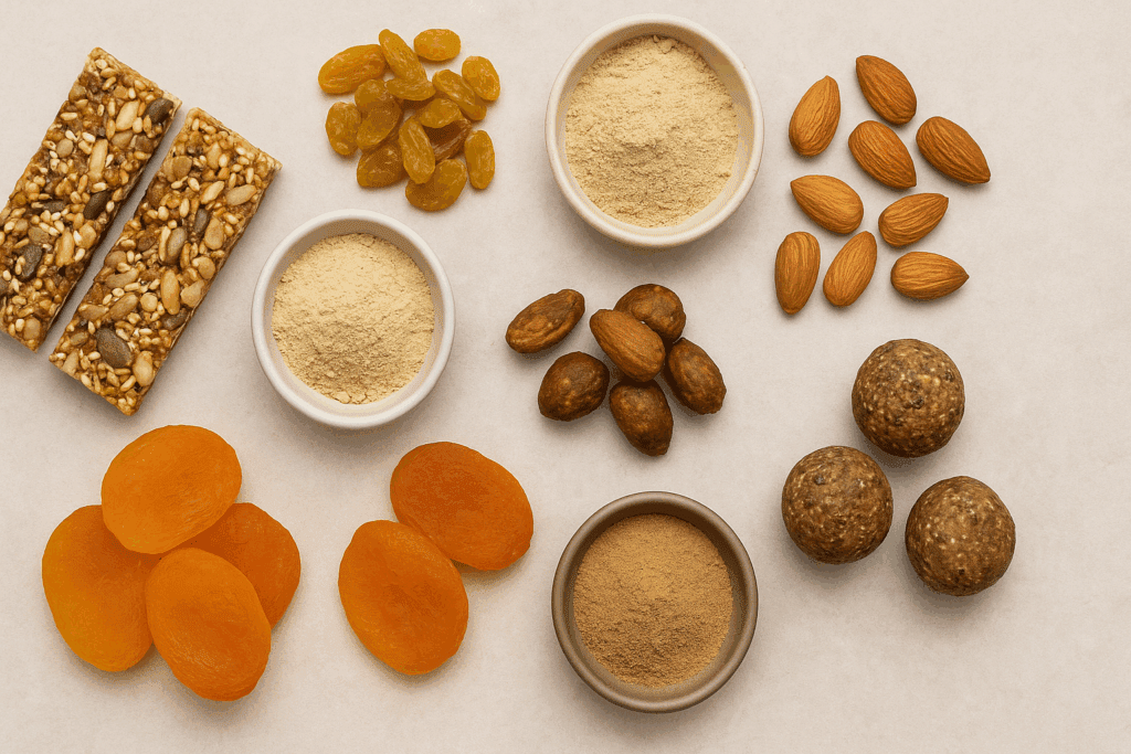 Assortment of high energy snacks including seed-filled bars, dried fruits, adaptogen powders, and nut-based bites on a neutral background