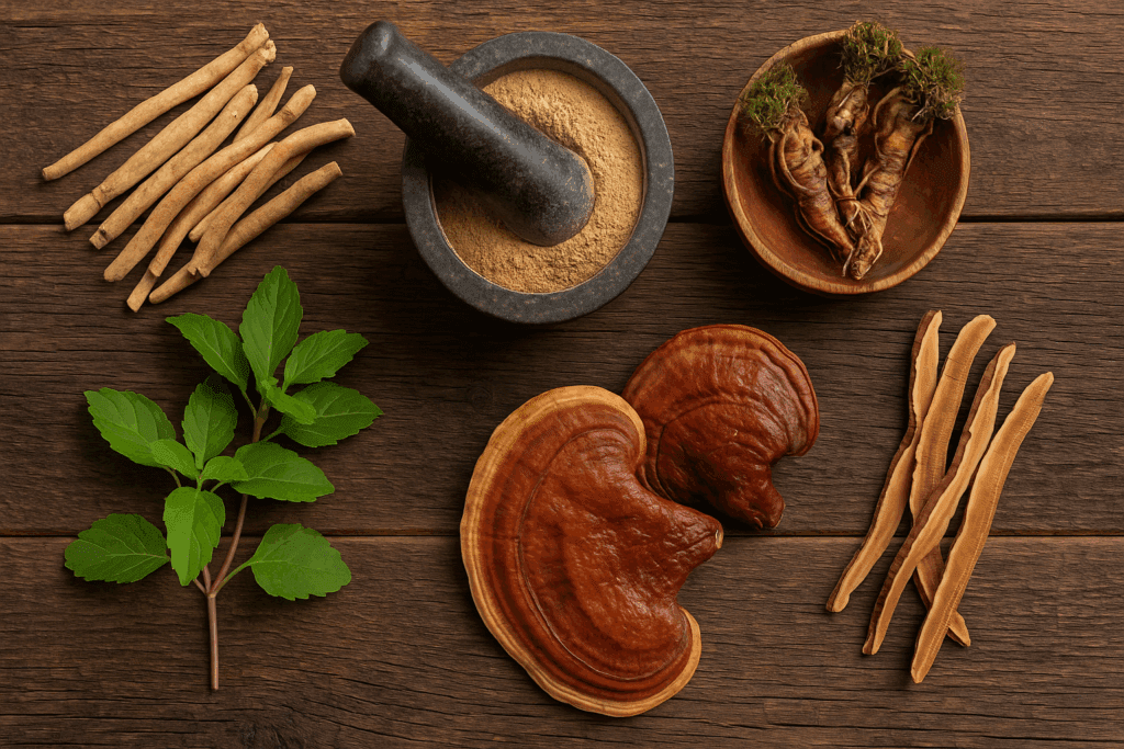 Adaptogenic herbs and roots like ashwagandha, holy basil, reishi mushroom, and rhodiola arranged as natural high energy snacks on a rustic wooden table.