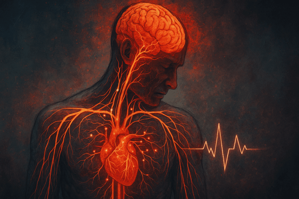 Human figure showing nervous system and brain under stress, highlighting cortisol effects, inflammation, and fatigue linked to high energy snacks.