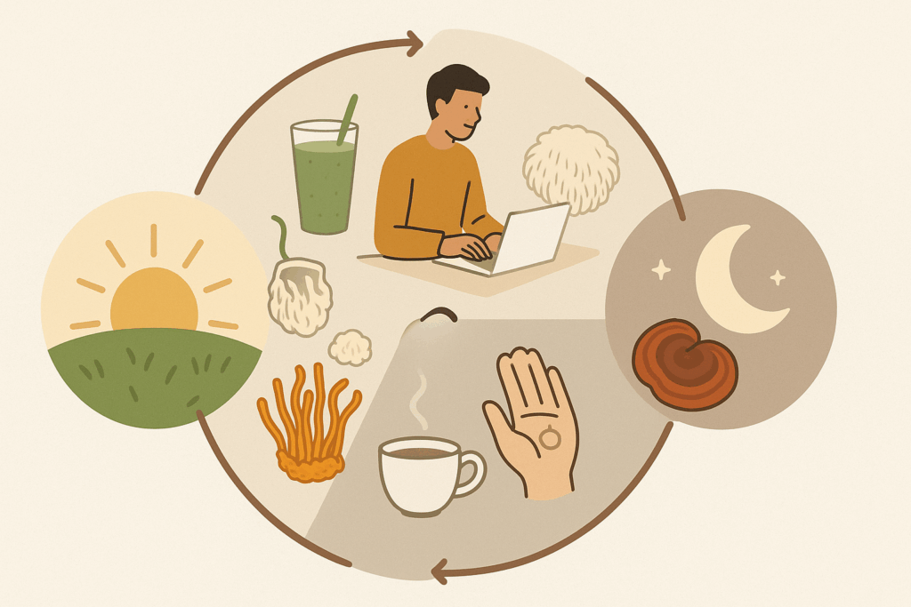 Infographic showing a daily wellness routine with adaptogens like cordyceps, lion’s mane, and reishi, illustrating how to stay energized all day.