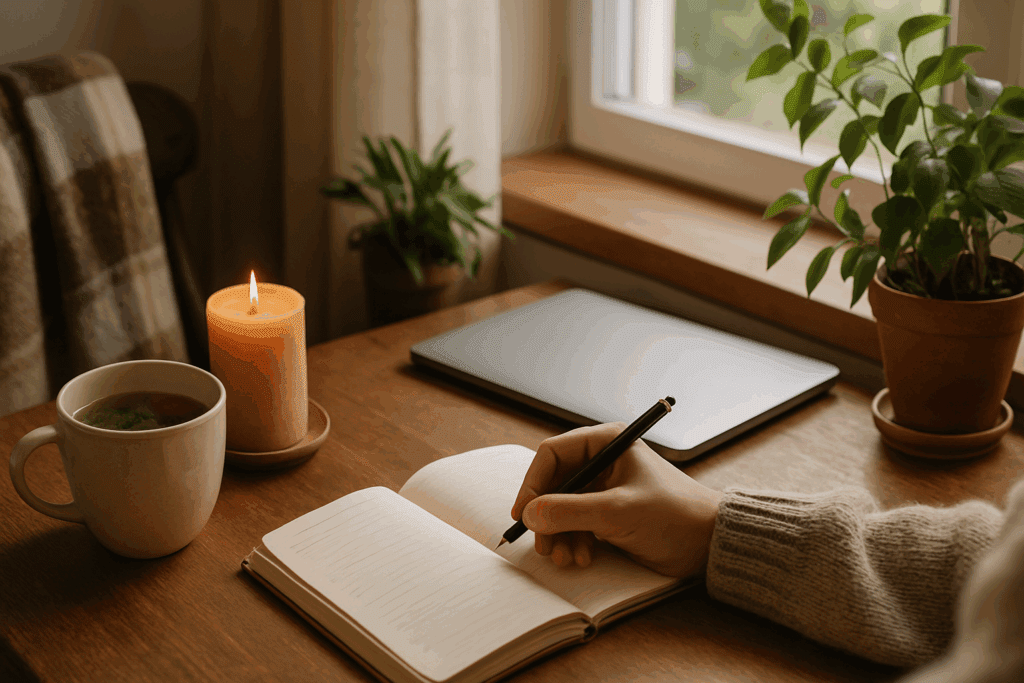 Person journaling beside herbal tea, candle, and plants in a cozy space—mindful rituals showing how to stay energized all day.
