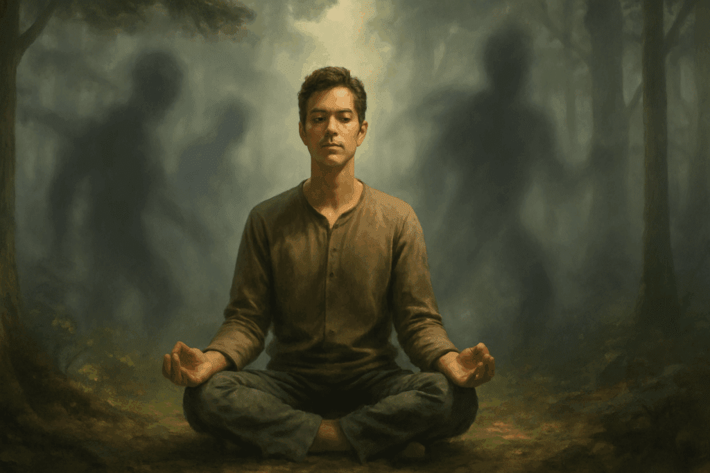 Meditating man grounded in a forest with shadowy stress forms in the mist, symbolizing how to stay energized all day through inner calm and resilience.