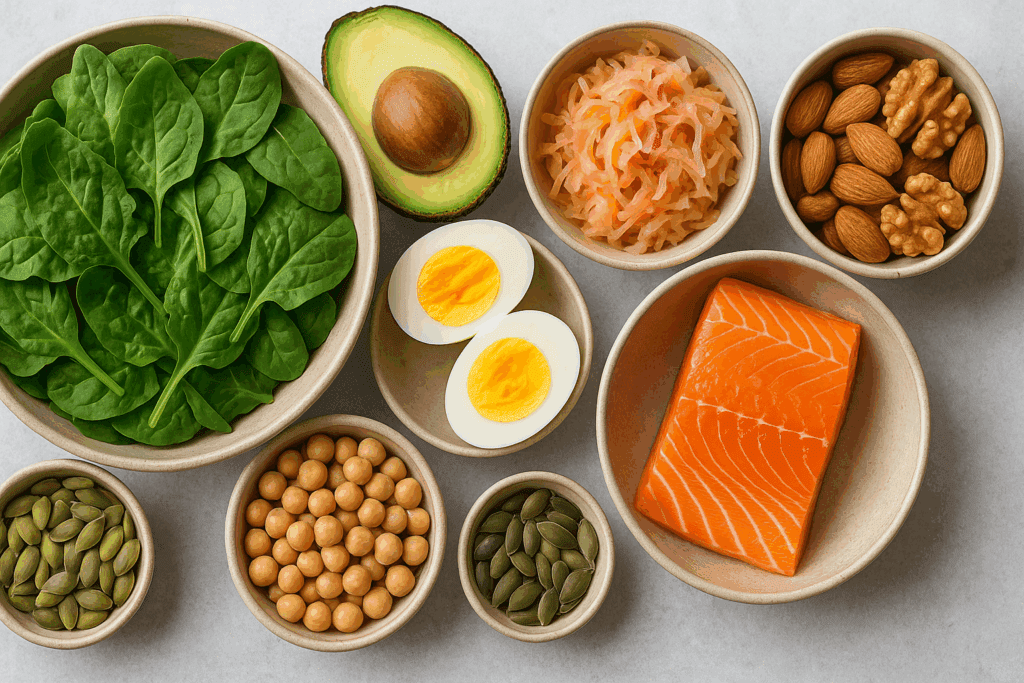 Colorful meal prep with salmon, eggs, avocado, legumes, greens, and fermented veggies, supporting how to stay energized all day
