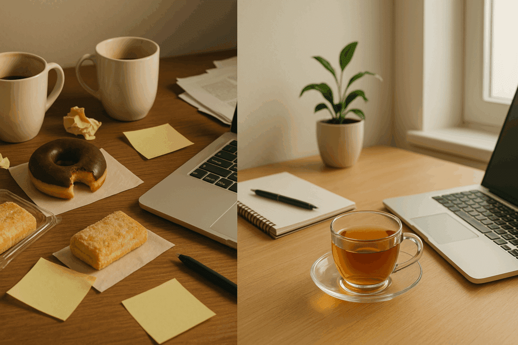 Split-screen of two workspaces illustrating how to stay energized all day—one cluttered with coffee and sugary snacks, the other clean with herbal tea and natural light.