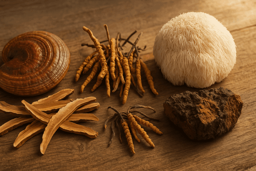 Adaptogenic mushrooms including Reishi, Cordyceps, Lion’s Mane, and Chaga on a rustic wood table, promoting how to stay energized all day.