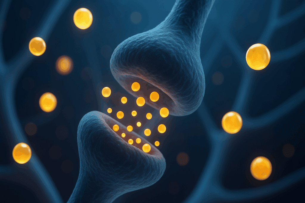 Synapse between neurons exchanging neurotransmitters, enhanced by glowing spheres symbolizing nervous system support supplements like magnesium and B vitamins