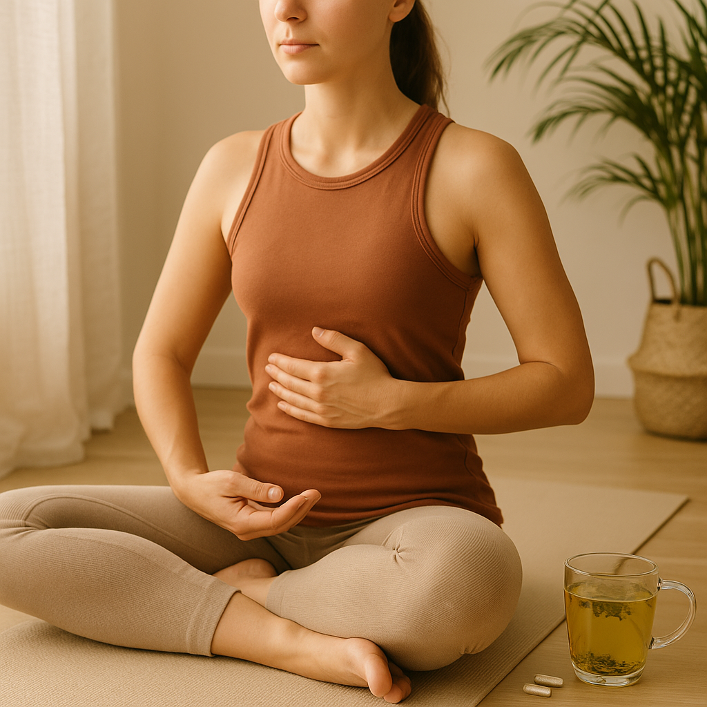 Woman practicing yoga and breathwork beside herbal tea and nervous system support supplements in a sunlit, minimalist room.