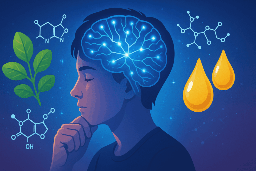 Person deep in thought with glowing brain pathways, surrounded by symbolic nervous system support supplements like bacopa leaves, phosphatidylserine molecules, and fish oil droplets.