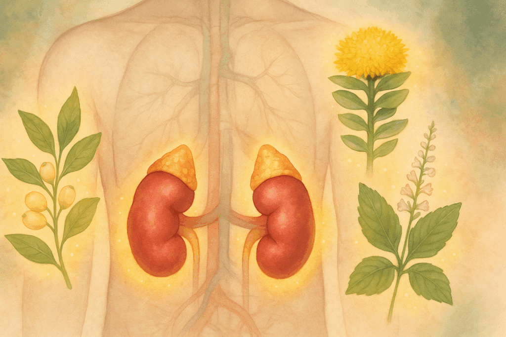 Artistic illustration of adrenal glands glowing above kidneys, surrounded by herbal nervous system support supplements like ashwagandha, rhodiola, and holy basil.