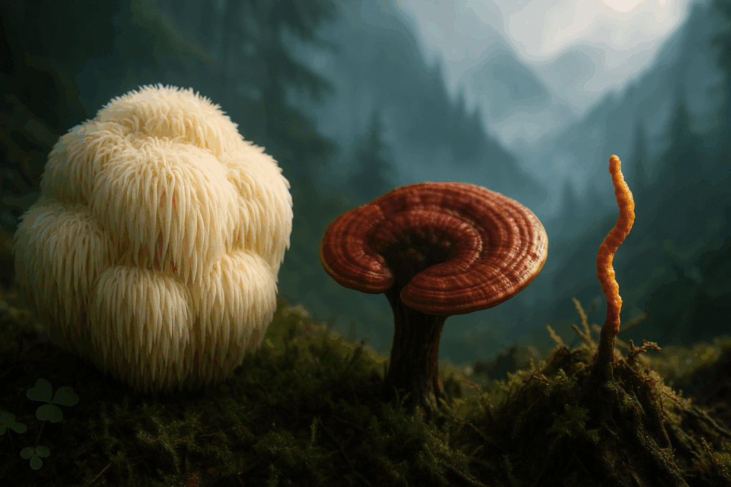Lion’s mane, reishi, and cordyceps mushrooms thriving in a misty forest, visualizing natural sources of nervous system support supplements