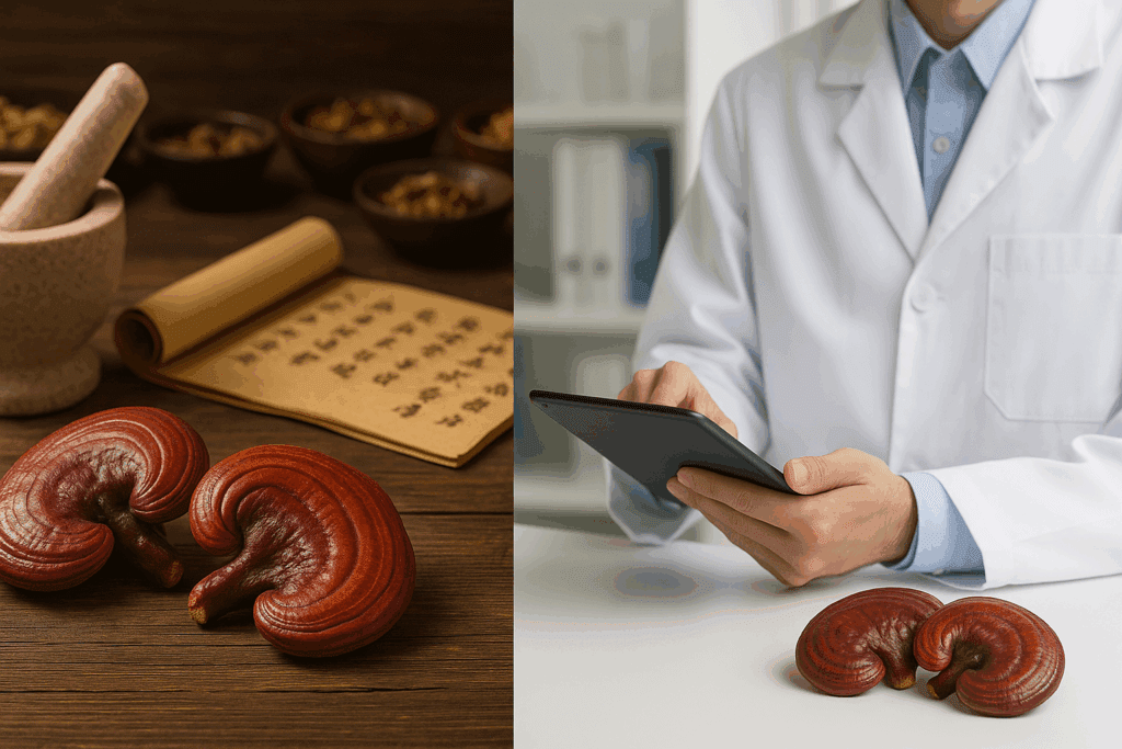 Split-screen comparison of red reishi vs reishi in traditional Chinese medicine and modern clinical settings, both featuring reishi mushrooms prominently.