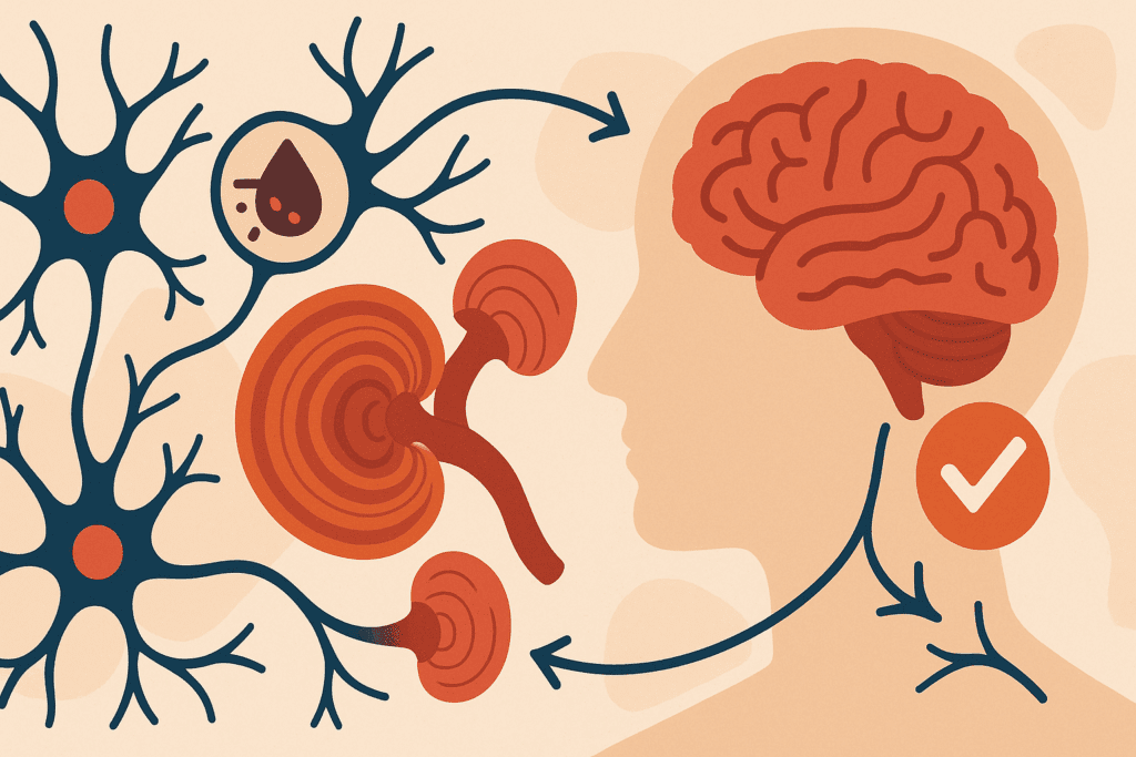 Stylized medical illustration comparing red reishi vs reishi effects on neurons and brain stress response pathways