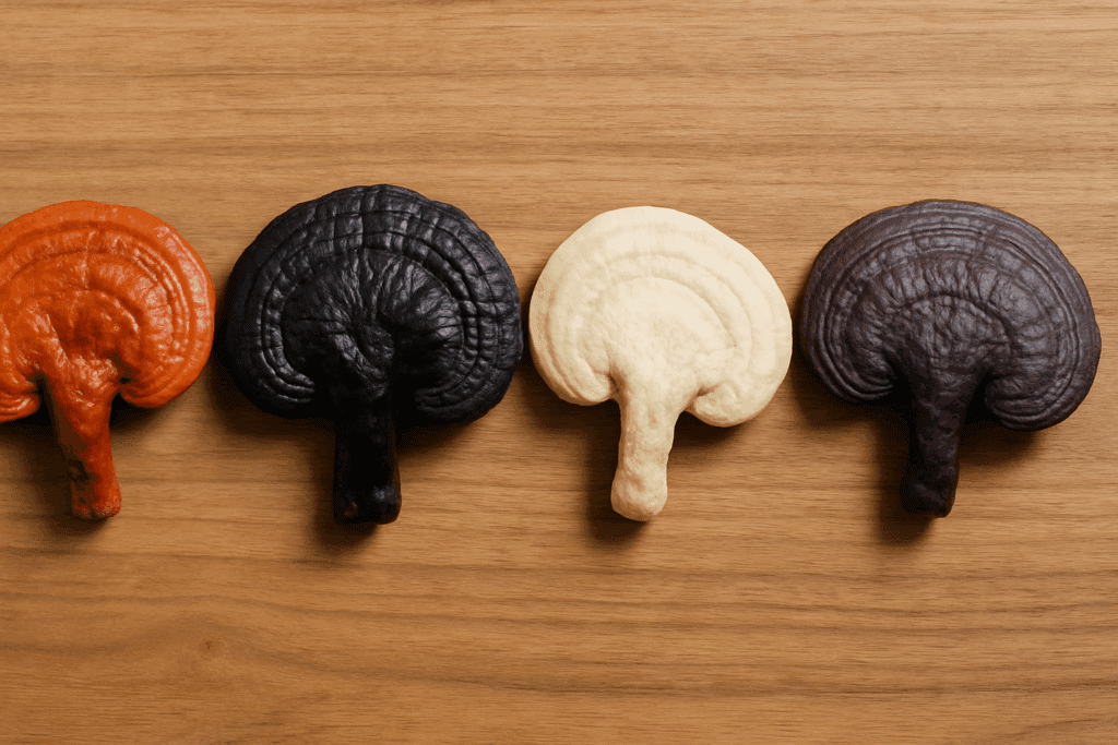 Side-by-side comparison of red reishi vs reishi mushroom types, showing red, black, white, and purple varieties on a wooden surface