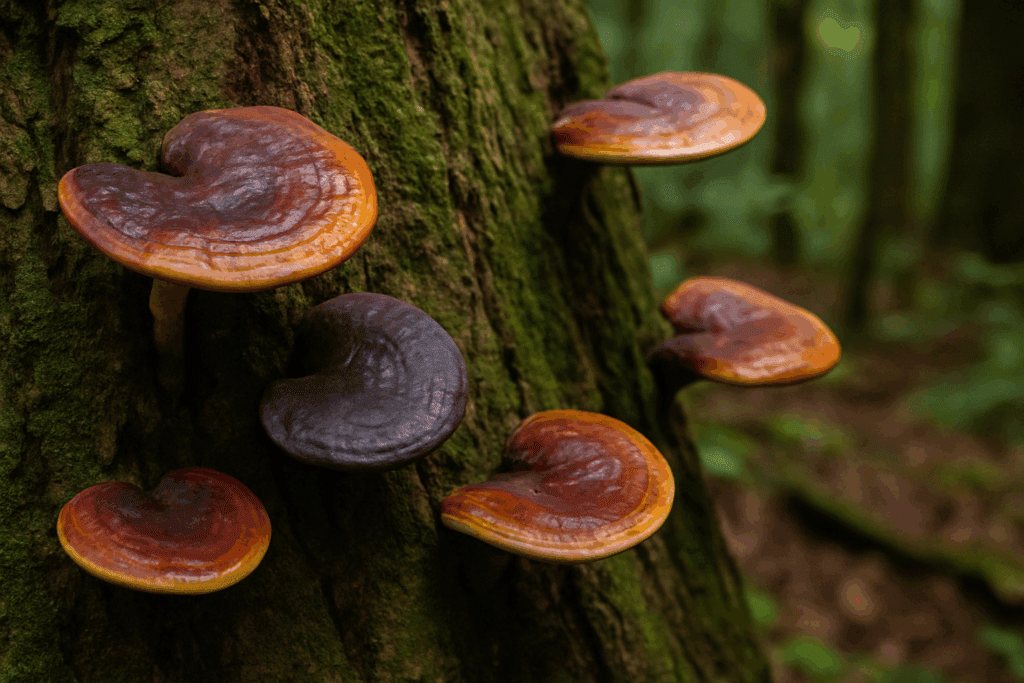 Close-up of red, purple, and black reishi mushrooms growing on a mossy tree in a forest, highlighting red reishi vs reishi variety.