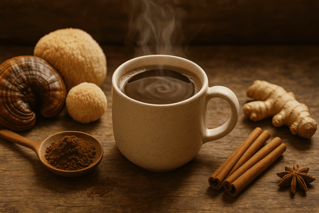 Steaming cup of mushroom coffee with reishi, lion’s mane, cinnamon, and ginger on a rustic table—natural solution for how to get energy fast in the morning
