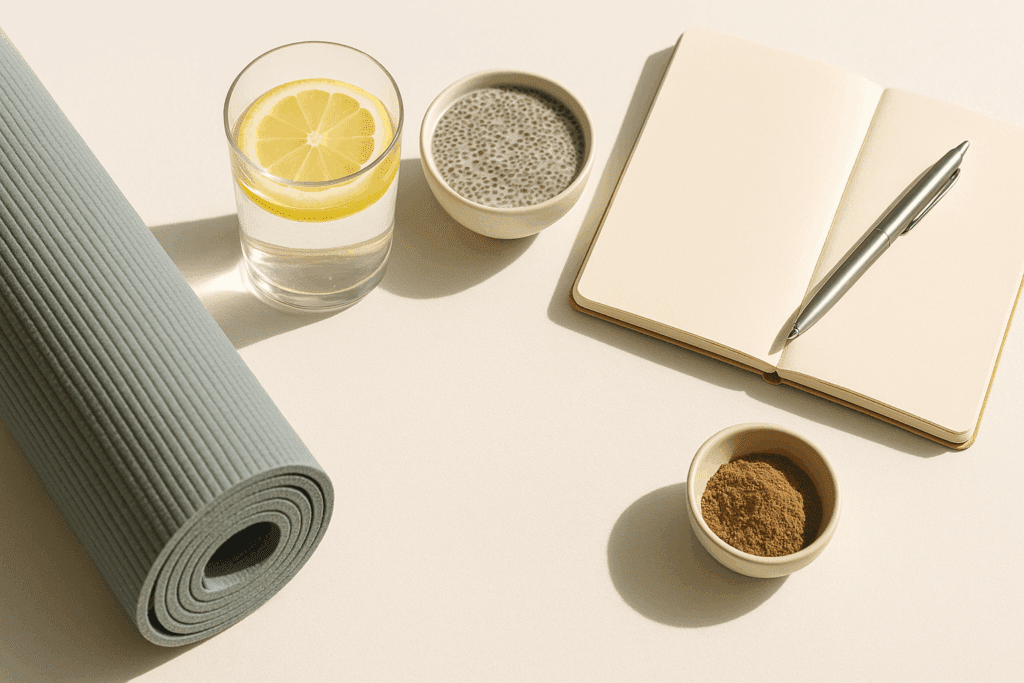 Minimalist flat lay of a morning wellness routine showing lemon water, chia pudding, yoga mat, and journal—how to get energy fast in the morning.