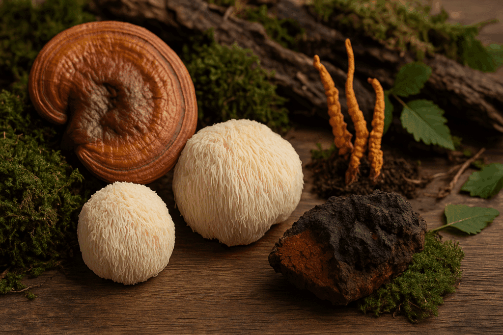 Fresh adaptogenic mushrooms including reishi, lion’s mane, cordyceps, and chaga on forest wood, supporting how to get energy fast in the morning.