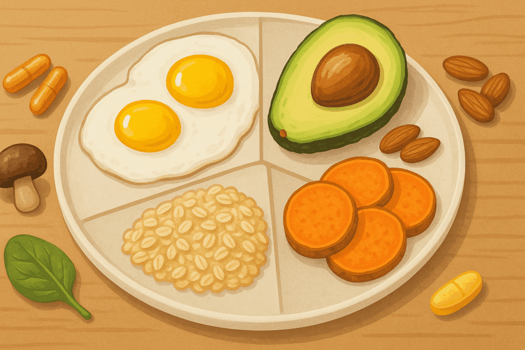 Balanced breakfast plate with eggs, avocado, sweet potatoes, oats, and supplements showing how to get energy fast in the morning.