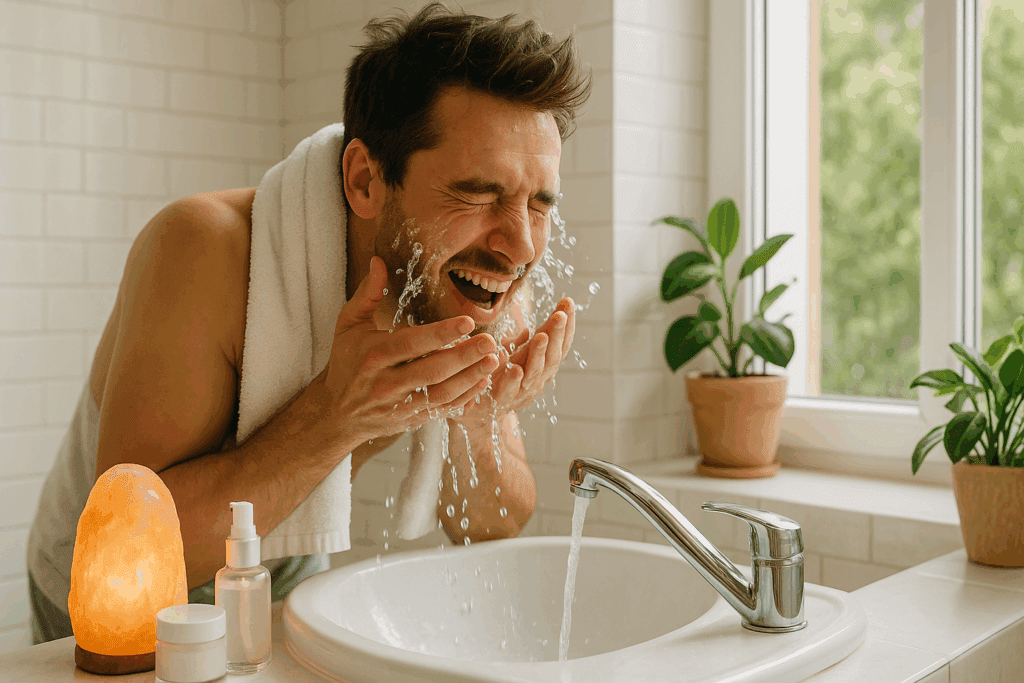 Man splashing cold water on face in sunlit bathroom showing how to get energy fast in the morning naturally.
