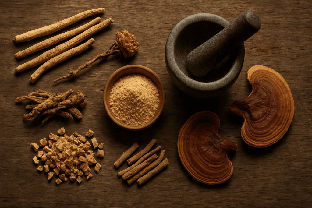 Rustic flat lay of ashwagandha root, maca powder, Rhodiola, Eleuthero, and reishi mushrooms—natural adaptogens used to combat what foods make you fatigued.