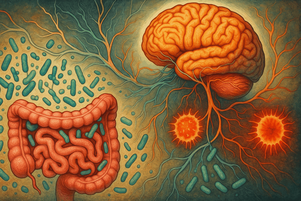 Conceptual illustration of the gut-brain axis showing healthy bacteria and inflammation, visually linking digestion and fatigue, related to what foods make you fatigued.