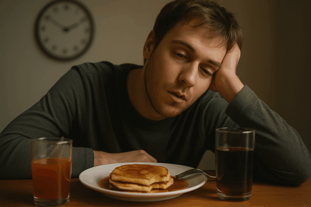 Man slouched and drowsy at a dining table with half-eaten pancakes and sugary drinks, illustrating what foods make you fatigued