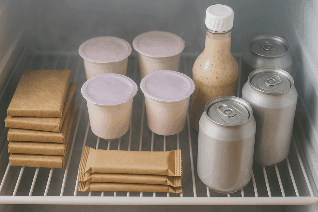 Top-down view of a fridge shelf filled with energy bars, flavored yogurts, diet sodas, and salad dressing—deceptively “healthy” items highlighting what foods make you fatigued.
