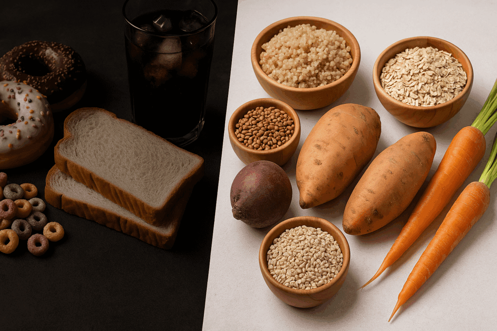 Split image contrasting what foods make you fatigued—like donuts, soda, and white bread—with energizing whole foods like oats, carrots, and quinoa.