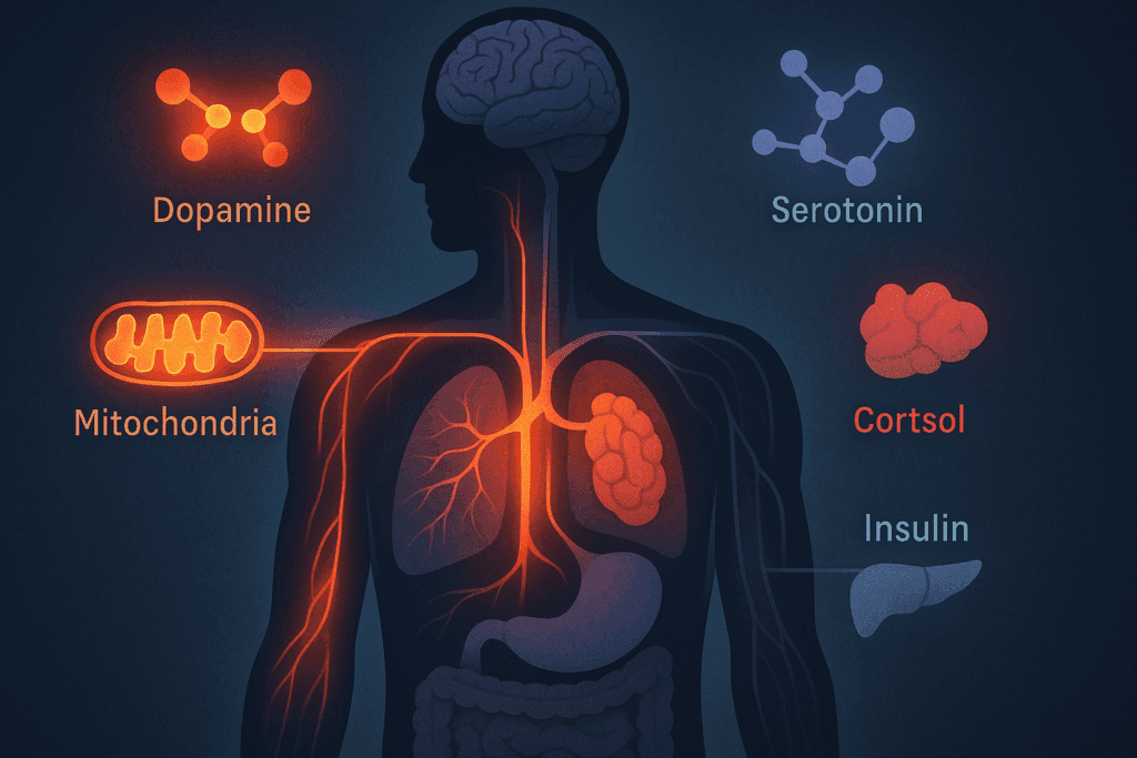 Stylized anatomical illustration showing how hormonal and neurotransmitter imbalances affect energy, related to what foods make you fatigued