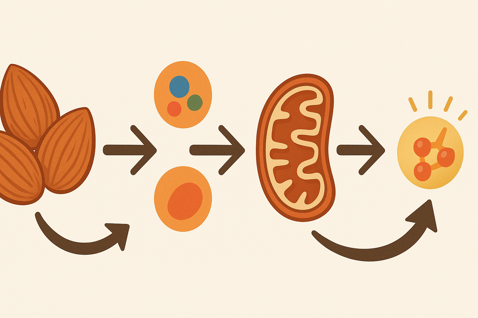 Conceptual diagram illustrating how almonds support ATP production in mitochondria to answer the question: do almonds give you energy