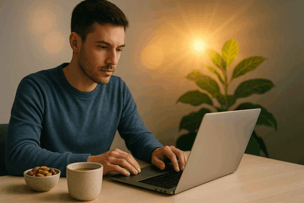 Man working intently on a laptop with a bowl of almonds and Lion’s Mane coffee nearby, suggesting the answer to do almonds give you energy.