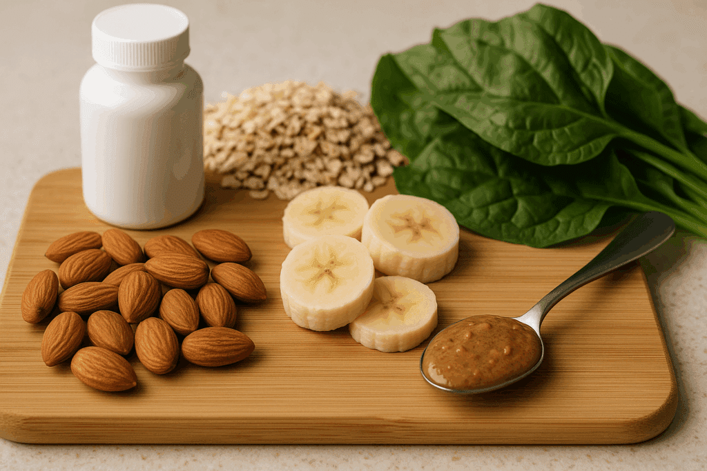 Raw almonds, banana slices, almond butter, leafy greens, oats, and a magnesium supplement arranged on a cutting board—answering the question: do almonds give you energy.