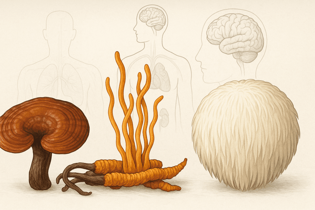Reishi, Cordyceps, and Lion’s Mane mushrooms on a clean surface with subtle anatomical sketches showing adrenal glands and brain areas, supporting the topic do almonds give you energy.