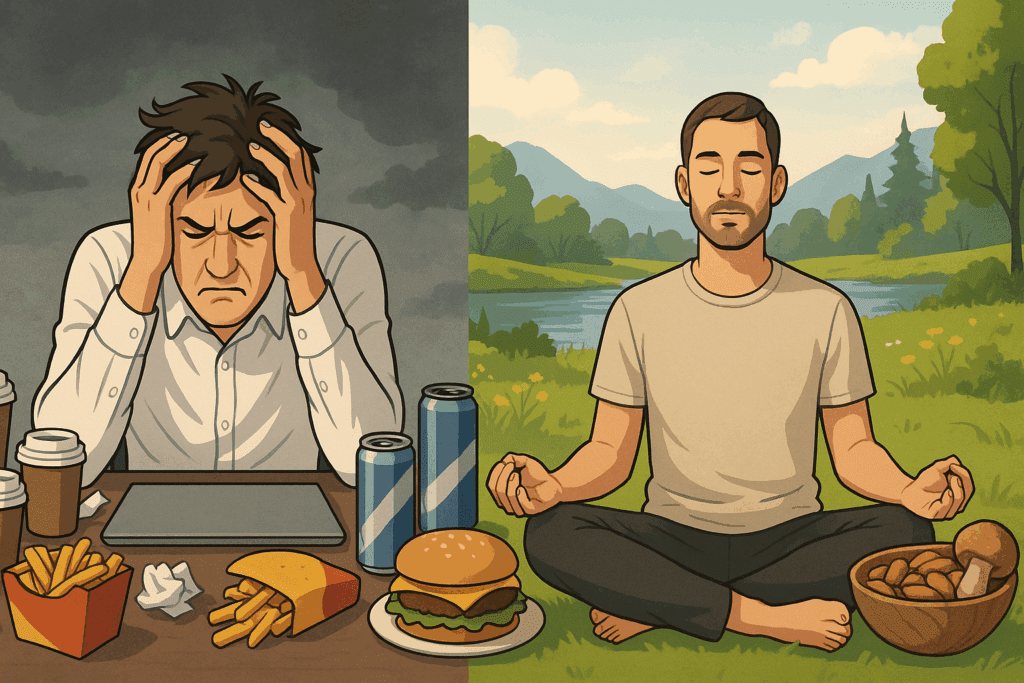 Stressed man at cluttered desk with junk food contrasted with calm person meditating near almonds and mushrooms, illustrating do almonds give you energy debate.