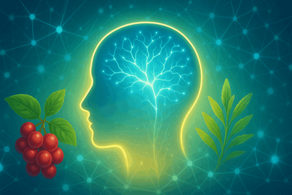 Stylized glowing brain inside a human silhouette surrounded by neural networks, berries, and herbs symbolizing schisandra adaptogen benefits