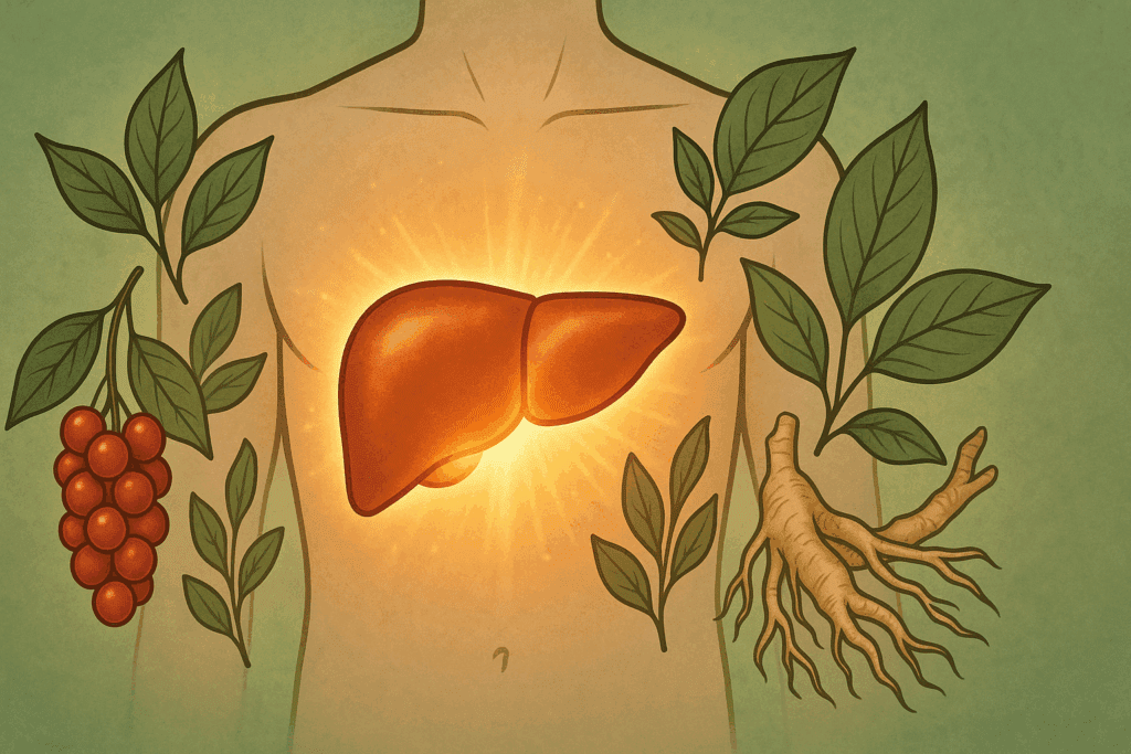 Stylized human torso showing a glowing liver surrounded by schisandra berries, roots, and leaves to illustrate schisandra adaptogen benefits