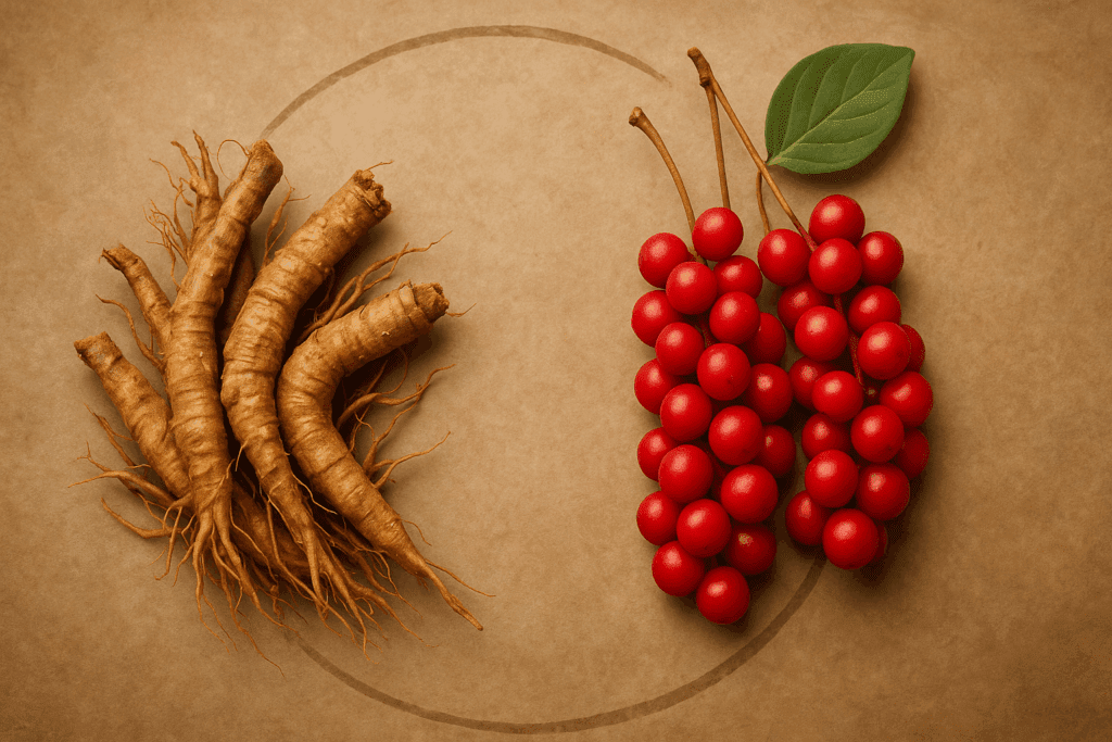 Raw rhodiola roots and schisandra berries arranged in a balanced circular layout, symbolizing schisandra adaptogen benefits through herbal synergy.
