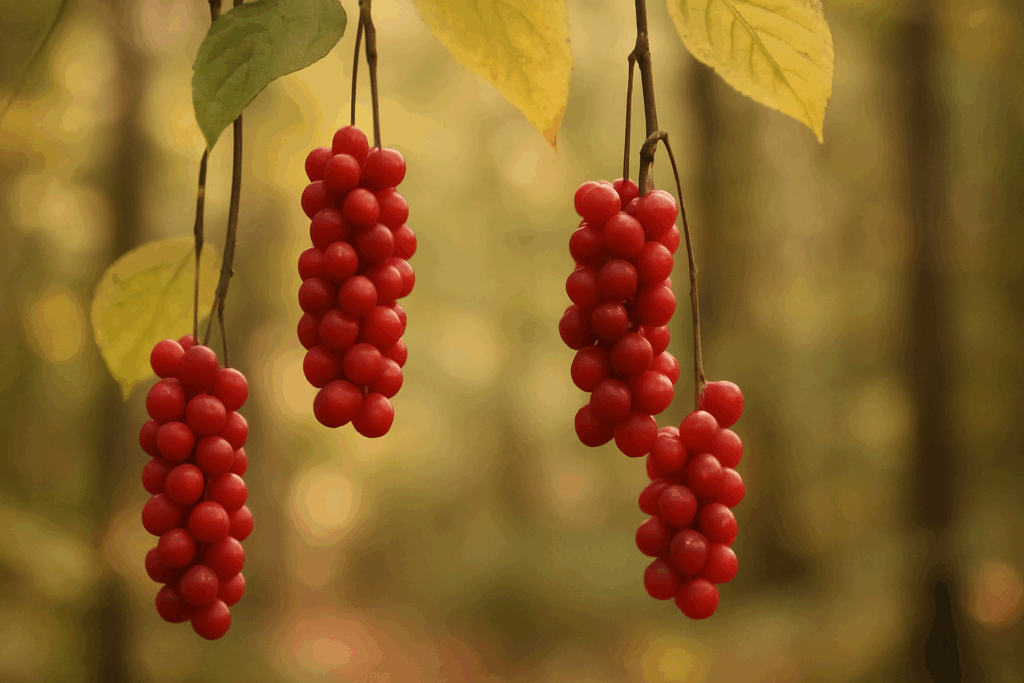 Clusters of ripe red schisandra berries hanging on vines in a tranquil forest, illustrating schisandra adaptogen benefits for stress relief.