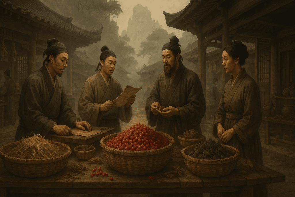 Ancient East Asian herbal market scene with baskets of dried herbs and schisandra berries, illustrating schisandra adaptogen benefits in traditional medicine.