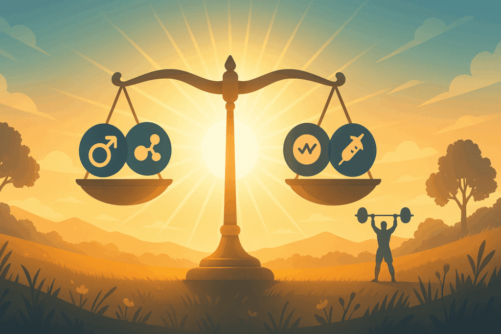 Balanced scale with testosterone and cortisol symbols under a sunrise, as a person lifts weights—symbolizing the best herbs for muscle strength and hormonal harmony.