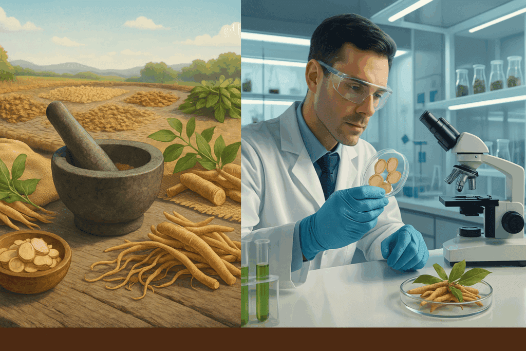 Traditional herbs like Ashwagandha and Ginseng being sun-dried and ground beside a modern lab analyzing the best herbs for muscle strength.